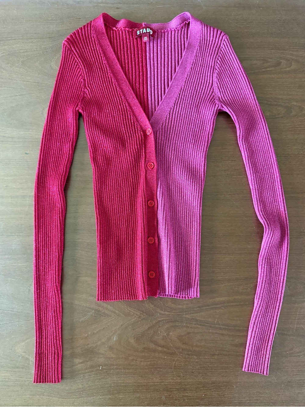 STAUD Cargo Metallic Rib Knit Cardigan XS Red Pink Stretch Colorblock